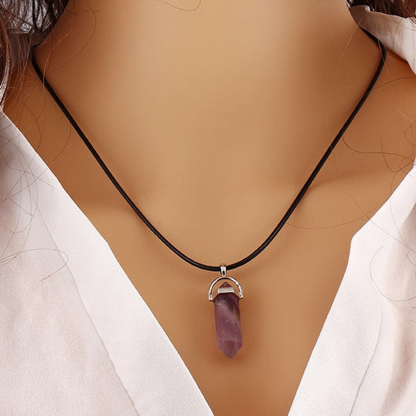 Natural Stone Necklace, Elegant Clear Stone Leather Necklaces Stone Cristal, Wild Crystal Neckless for Women
