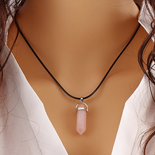Natural Stone Necklace, Elegant Clear Stone Leather Necklaces Stone Cristal, Wild Crystal Neckless for Women
