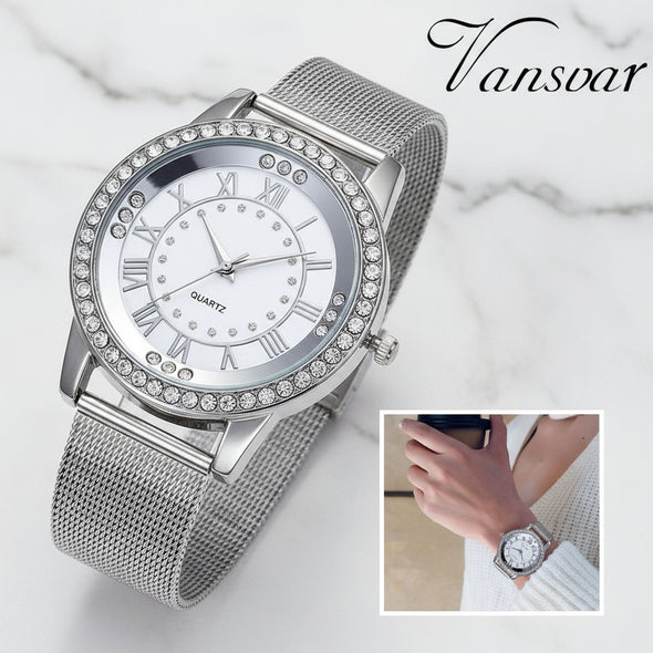 Rhinestone Watch Fashion Casual Women Silver & Rose Gold Mesh Wristwatches