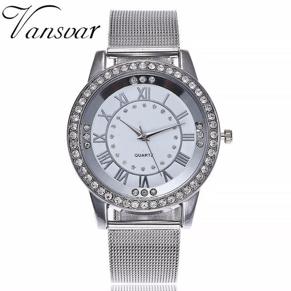 Rhinestone Watch Fashion Casual Women Silver & Rose Gold Mesh Wristwatches