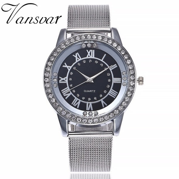 Rhinestone Watch Fashion Casual Women Silver & Rose Gold Mesh Wristwatches