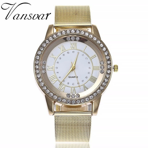 Rhinestone Watch Fashion Casual Women Silver & Rose Gold Mesh Wristwatches