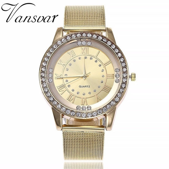 Rhinestone Watch Fashion Casual Women Silver & Rose Gold Mesh Wristwatches