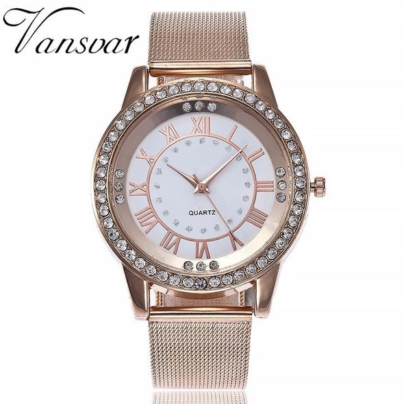 Rhinestone Watch Fashion Casual Women Silver & Rose Gold Mesh Wristwatches