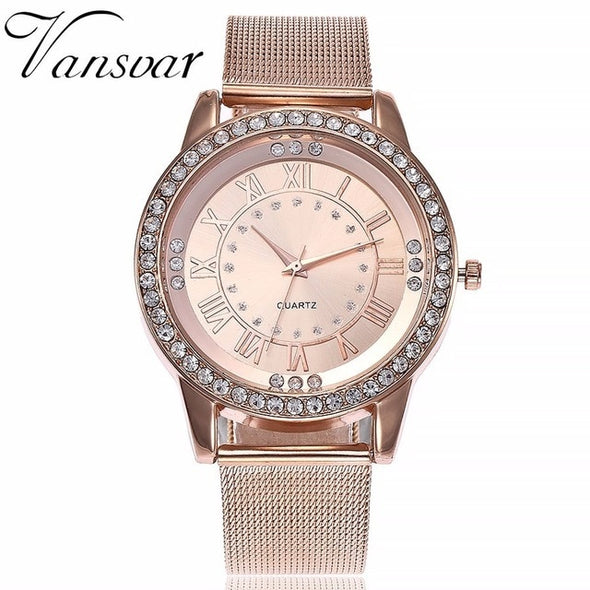 Rhinestone Watch Fashion Casual Women Silver & Rose Gold Mesh Wristwatches