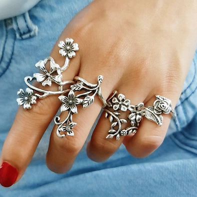 Rose Flower Rings Set For Women Anillos Mujer Bohemian Antique Silver Color