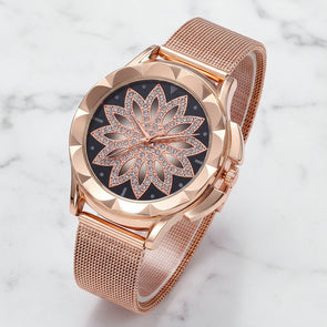 Rose Gold Flower Rhinestone Wrist Watch