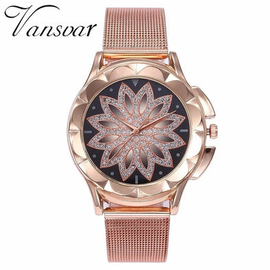 Rose Gold Flower Rhinestone Wrist Watch