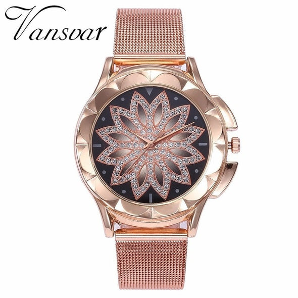 Rose Gold Flower Rhinestone Wrist Watch