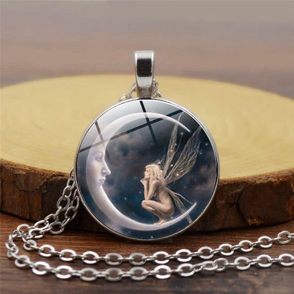 Fairy in Moon Photo Necklace Angel  for Women